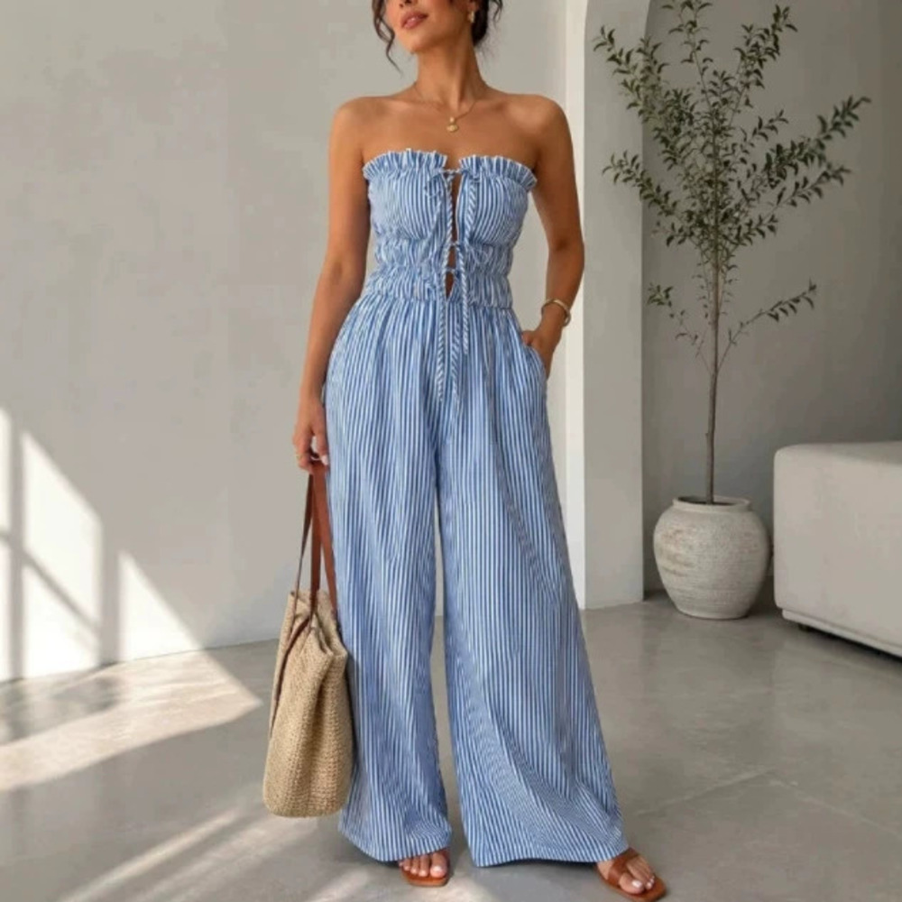 ZARA Women Retro Striped Ruffle Strapless Tie Front Jumpsuit Long Pants Set